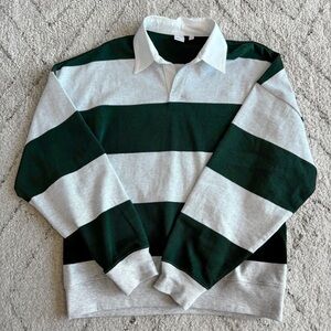 TNA Aritzia Cotton Polo Light Grey and Green Scarab Stripe